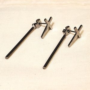 Silver tone cross earrings